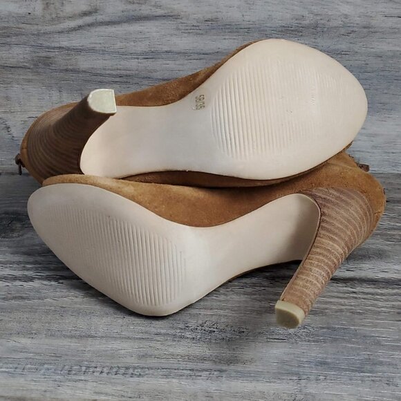 ❤️356 Julianne Hough for Sole Society Angela Peep Toe Leather Tan Bootie Heels - Picture 11 of 11